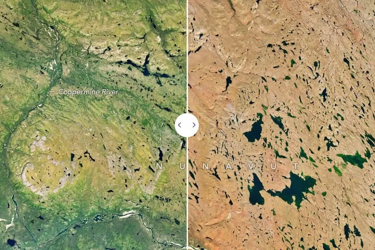 Landsat 9 зафіксував, як тундра Нунавуту за кілька тижнів перетворилася на осінь
