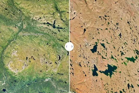 Landsat 9 зафіксував, як тундра Нунавуту за кілька тижнів перетворилася на осінь